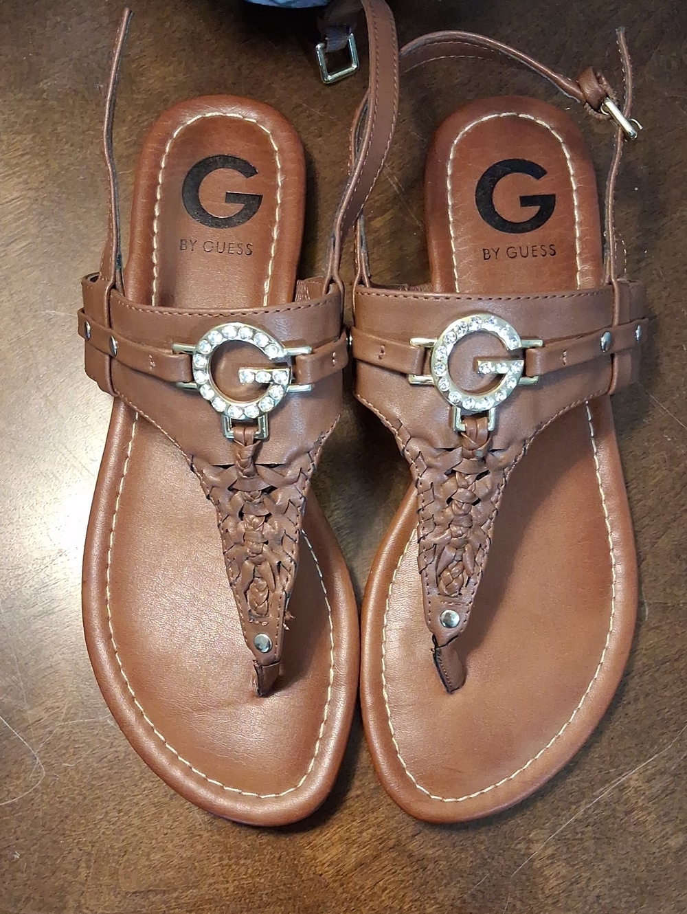 G by Guess Brown Braided Thong Sandals with Crystal G Accent